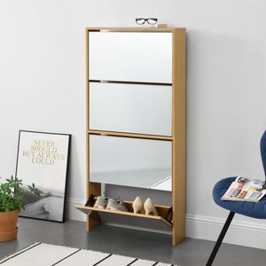 Schoenenkast met spiegels 4 vouwdeuren 134x63x17 cm beuken
