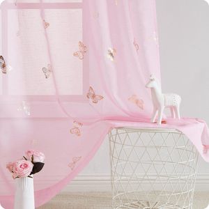 Boraboi ® Transparante Roze Gordijnen met Gouden Vlinderpatroon voor Kinder- en Babykamers, 2 Panelen, 140x180 cm