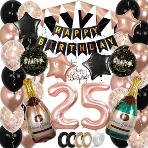 25 Jaar Feest Verjaardag Versiering Confetti Helium Ballonnen Slingers Happy Birthday Rose Goud & Zwart XL SET – 60 Stuks