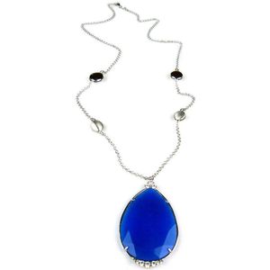 Zilveren halsketting collier halssnoer Model Raindrop gezet met felblauwe steen