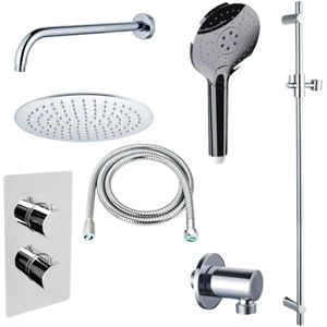 Fortifura Calvi Inbouw Regendoucheset - thermostatisch - wandarm - glijstang - 25cm hoofddouche - ronde handdouche - metalen doucheslang - chroom