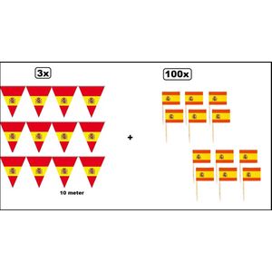 3x Vlaggenlijn Spanje 10 meter + 100x cocktailprikker Spanje - Thema feest Spain EK voetbal Party verjaardag fun