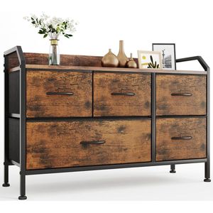 JGS® - Premium Commode met Vijf Brede Stoffen Lades - Kastorganizer en Dressoir in Zwart voor Woonkamer en Slaapkamer -