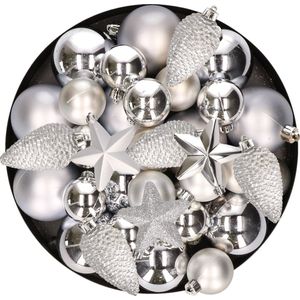 Kerstversiering kunststof kerstballen/hangers zilver 6-8-10 cm pakket van 62x stuks - Kerstboomversiering