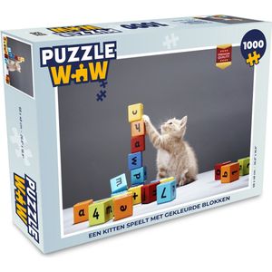 Puzzel Een kitten speelt met gekleurde blokken - Legpuzzel - Puzzel 1000 stukjes volwassenen