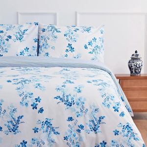 Beddengoed 155x220 katoen blauw omkeerbaar strepen bloemen dekbedovertrek met kussenslopen (155 x 220 cm + 80 x 80 cm)