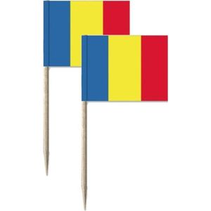 150x Cocktailprikkers Roemenië 8 cm vlaggetje landen decoratie - Houten spiesjes met papieren vlaggetje - Wegwerp prikkertjes