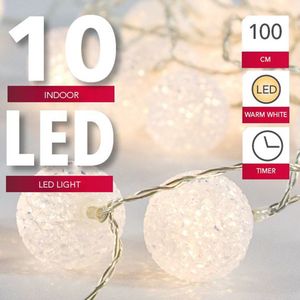 Lichtsnoer met 10 witte bolletjes warm wit op batterij met timer 135 cm - Kerstverlichting/sfeerverlichting lichtsnoer met bolletjes