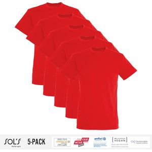 5 Pack Sol's Heren T-Shirt 100% biologisch katoen Ronde hals Rood Maat 4XL