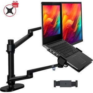 LEVANTU® Monitor arm voor laptop scherm – Monitorbeugel geschikt voor 2 schermen - Tablet houder – Monitor Standaard – Laptop Standaard – Verstelbaar– Laptop Arm - Zwart