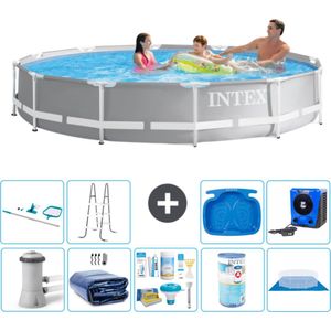 Intex Rond Prism Frame Zwembad - 366 x 76 cm - Grijs - Inclusief Pomp Solarzeil - Onderhoudspakket - Filter - Grondzeil - Schoonmaakset - Ladder - Voetenbad - Warmtepomp