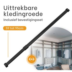 Milano Luxurious Kledingstang Verstelbaar – Uittrekbare Kledingroede – 59 tot 95cm – Garderobestang – Kledingstang met boren – Stevig Aluminium – Zwart