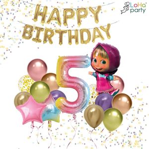 LoHa party® Masha en de beer Thema Folie ballonnen set-XXL folie ballon cijfer 5-ster folie ballon-roze-kleurijke-regenboog-Helium ballonnen-Slinger-Verjaardag versiering-feestpakket-Verjaardag decotatie-Regenboog ballonnen-40inch
