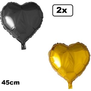 2x Folieballon Hart goud en zwart (45 cm) – Black an gold party trouwen huwelijk bruid hartjes ballon feest festival liefde white