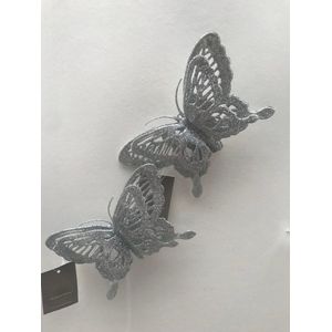 Set van 2 zilverkleurige vlinders op clip kersthanger ornamenten Hallie