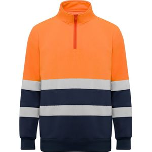 Technisch hoog zichtbaar / High Visability sweatershirt met korte rits model Spica Oranje / Donker Blauw maat XL