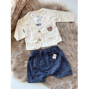 vest, short , t-shirt -luxe baby pak -jongensset-jongenspak- drie delige katoenen baby set- kleur wit beige blauw-12 tem 18 maanden