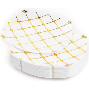 MATANA 20 Witte Vierkante Plastic Borden met Goudpatroon (25cm), Feestbordjes voor Bruiloften, Verjaardagen, Kerstmis & Feesten - Stevig en Herbruikbaar
