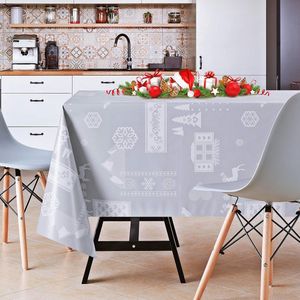Winterornamenten Tafelkleed in grijs - afwasbaar rechthoekig 200 x 140 cm vinyl PVC tafelzeil in Noel grijs en wit rendier en winterhuis sneeuwvlokken