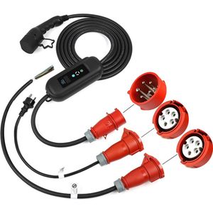 BlackCharge® 3.0 CEE incl. timer (15M) Type 2 16A 3-fase 11 kW (380v) Incl. verloopstekkers | Mobiele lader 11kW - 15 Meter Type 2 naar CEE Krachtstroom Stekker - 16A 3 Fase incl. verloopstekkers