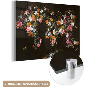 MuchoWow® Glasschilderij 150x100 cm - Schilderij acrylglas - Wereldkaart - Bloemen - Vlinder - Zwart - Foto op glas - Schilderijen