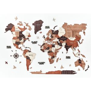 Houten Wereldkaart Muurdecoratie 3D (150 x 100 cm) | Wanddecoratie Map of The World Puzzle | Prikbord Met Vlaggetjes Voor Reizen