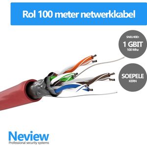 Rol 100 meter F/UTP netwerkkabel - Rood - Soepel - Zonder stekkers - Folie afscherming