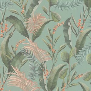 Bloemen behang Profhome 394364-GU vliesbehang hardvinyl warmdruk in reliëf licht gestructureerd met bloemmotief mat blauw groen beige roze 5,33 m2