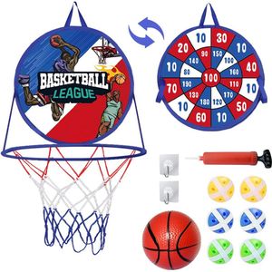 Basketbalkorf voor kinderen met klittenband, 2-in-1 dartbord, werpspel en basketbalspelletjes, dubbelzijdige mini-basketbalkorven en dartspel, veilig outdoor indoor speelgoed, cadeau