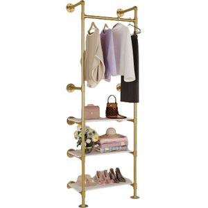 Kledingrek - Industrieel - Goudkleurige Pijpen -3 Witte Planken - Wandmontage - 61cm x 178cm x 31 cm - 25kg Hangvermogen