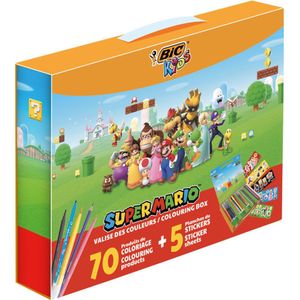 BIC Kids Super Mario Kleurdoos - met Kleurpotloden - Visaquarelle - Aquarelpotloden - Viltstiften en Stickers - Verschillende Kleuren - Herbruikbare Doos van 70 Stuks met 5 Stickervellen