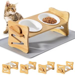 Keramische kattenbak, vorig station voor katten en honden, wordt geleverd met voedselmat voor huisdieren, houten standaard, kattenbak verhoogd aanpasbaar op 4 hoogtes, voor Puppy Cat Small Dog (geel)
