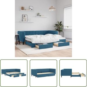 The Living Store Slaapbank met onderschuifbed en lades 90x200 cm fluweel blauw - Slaapbank - Sofa Bed - Tweepersoons Bed - Onderkast Bed - Multifunctioneel Meubilair