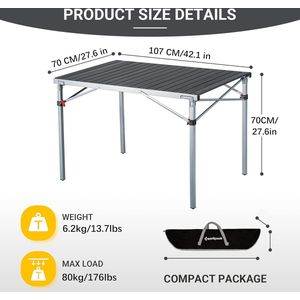 Aluminium campingtafel, oprolbaar, klaptafel voor 4-6 personen, tot 80 kg belastbaar, 107 × 70 × 70 cm