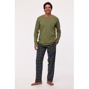 Woody Studio pyjama met flanellen broek jongens/heren - kakigroen - 232-12-MWB-Z/753 - maat S