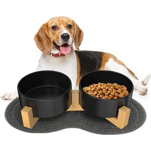 Dubbele 850ml hondenkom keramische voerbak hond verhoogde voerbak met bamboe standaard en antislipmat voor middelgrote en grote honden voer- en waterbak (zwart)