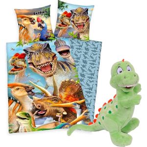 Herding- dekbedovertrek Dinosaur Selfies- 140x200- katoen- dubbelzijdig- ritssluiting- Dino's, incl. grappige groene pluche Dino 25 cm