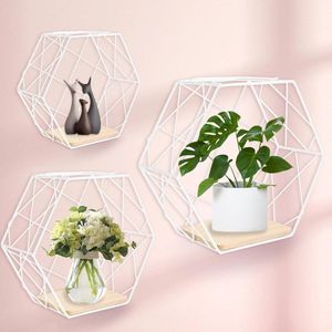 Set van 3 hexagon wandplanken met houten vloeren | Elegante witte hangrekken voor woonkamer en slaapkamer hexagon shelves
