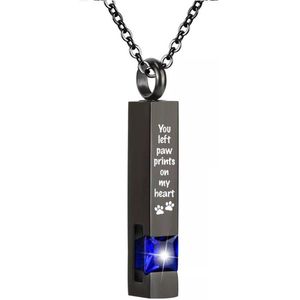 Luxe Ashanger | Met Ketting En Gravering | You Left Paw Prints On My Heart | Assieraad | Zwart Met Blauwe Steen | As Ketting | Gedenksieraad | Urn | Incl. As vuller