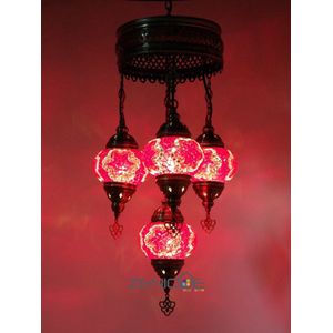 Turkse Lamp - Hanglamp - Mozaïek Lamp - Marokkaanse Lamp - Oosters Lamp - ZENIQUE - Authentiek - Handgemaakt - Kroonluchter - Rood - 4 bollen