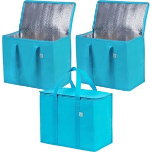 3-pack geïsoleerde herbruikbare koeltas boodschappentassen grote, robuuste handvatten dubbele ritsen deksel rechtop opvouwbaar duurzaam (cyaan, 3-pack)
