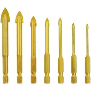 Glasboor tegelboorset 3-12 mm 7 stuks wolfraam hardmetaal titanium gecoat keramiek betonboorgereedschap- zeskantige schacht- glazen tegels keramische spiegel porselein-boorbitset. .