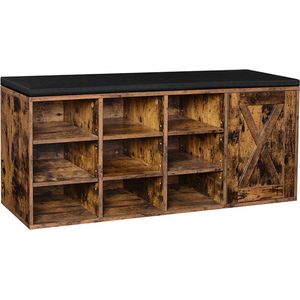 Signature Home Bradford Schoenenbank of Opbergkast-  Schoenenrek  - Industrieel Schoenenrek met 9 open vakken en kast met vulling - rustieke deur - vintage - bruin- 110x30x48cm