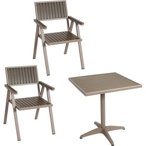 Set van 2 tuinstoelen + tuintafel MCW-J95, stoel tafel, gastro outdoor coating, aluminium hout look ~ champagne, grijs