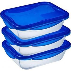 Pyrex - Cook & Go - Rechthoekige Schaal Met Deksel - Set van 3 Stuks - 0.8L - Glas - Blauw