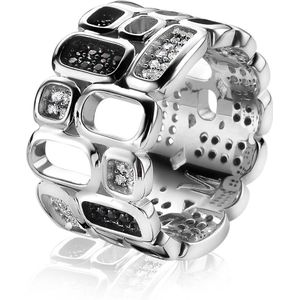 Mart Visser by ZINZI zilveren ring breed wit zwart 12mm MVR3Z