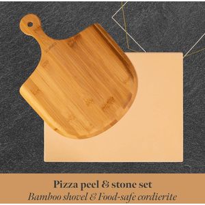 Pizza Steen Set voor Oven en Grill, incl. Pizza steen en pizzaschep gemaakt van hoogwaardig acaciahout, broodbaksteen set gemaakt van cordieriet, 38 x 30 x 1.5 cm.