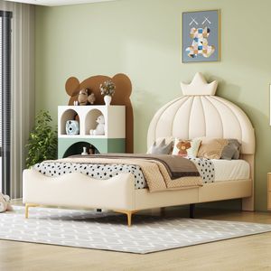 Sweiko Kinderbed Kussenbed 90x200cm,Cartoon Hoofdbord met slingerleuning, Minimalistisch boogontwerp, kunstlederen stof, hoge metalen voetjes met platte noedelsvoet, jongens- en meisjesbedden, Beige (Geen matras)