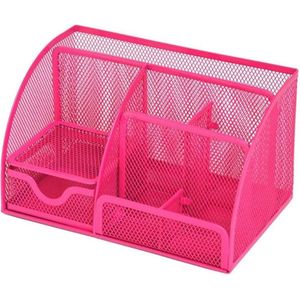 Pennenbak 6 vakken & 1 Schuiflade - Pennenhouder - Desk Buro - Bureau organizer - Mesh - Metaal - Pennenbakjes - Rose