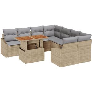 vidaXL - 9-delige - tuin - eettafelset - met - kussens - beige - poly - rattan - acacia